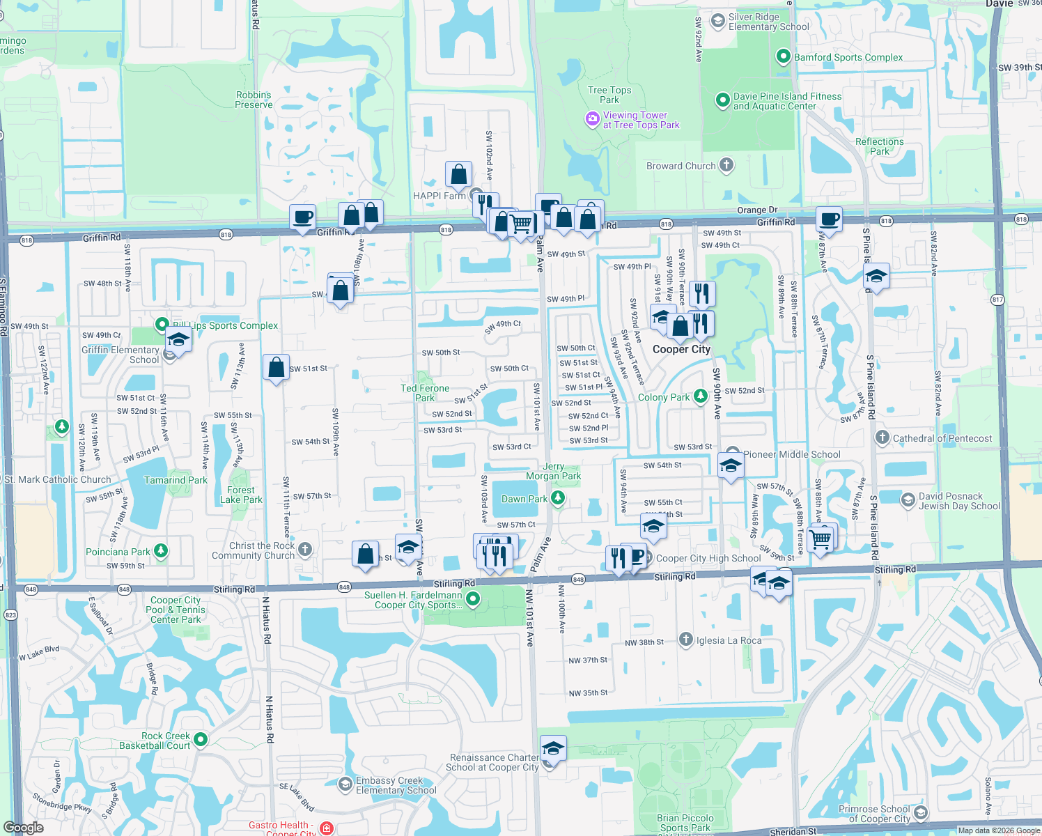map of restaurants, bars, coffee shops, grocery stores, and more near 5221 Southwest 101st Terrace in Cooper City