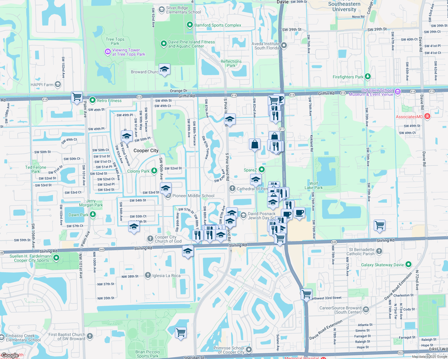 map of restaurants, bars, coffee shops, grocery stores, and more near 5212 Southwest 87th Avenue in Cooper City