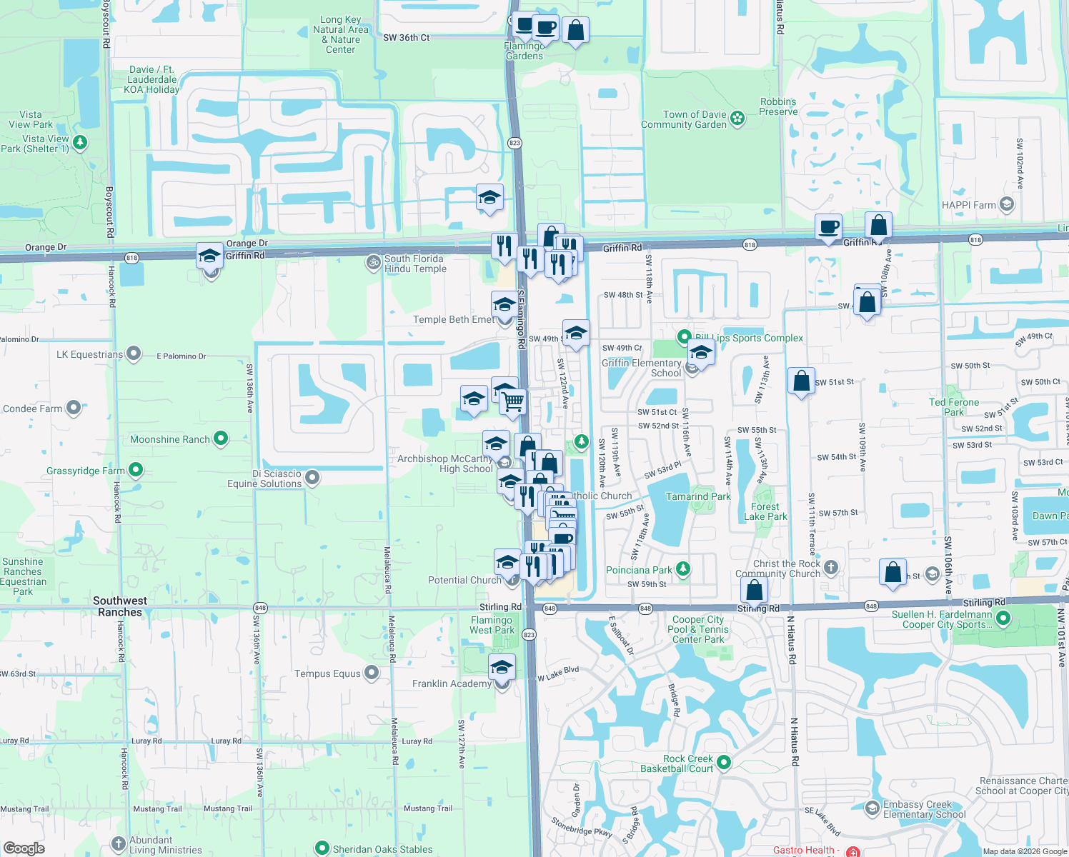 map of restaurants, bars, coffee shops, grocery stores, and more near 12384 Southwest 52nd Court in Cooper City