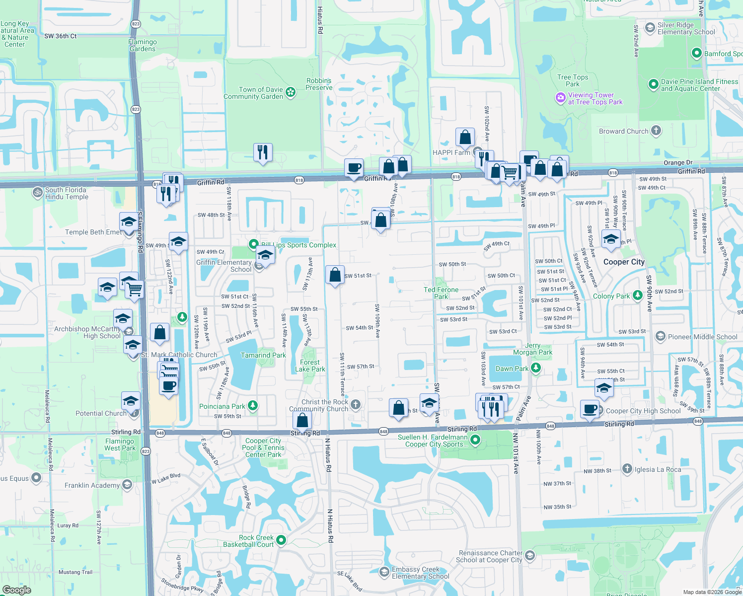 map of restaurants, bars, coffee shops, grocery stores, and more near 5191 Southwest 109th Avenue in Davie