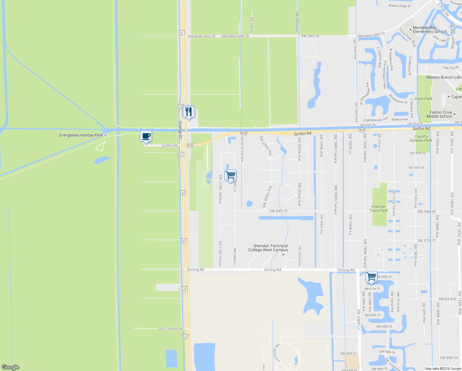 map of restaurants, bars, coffee shops, grocery stores, and more near 5105 Southwest 208th Lane in Southwest Ranches