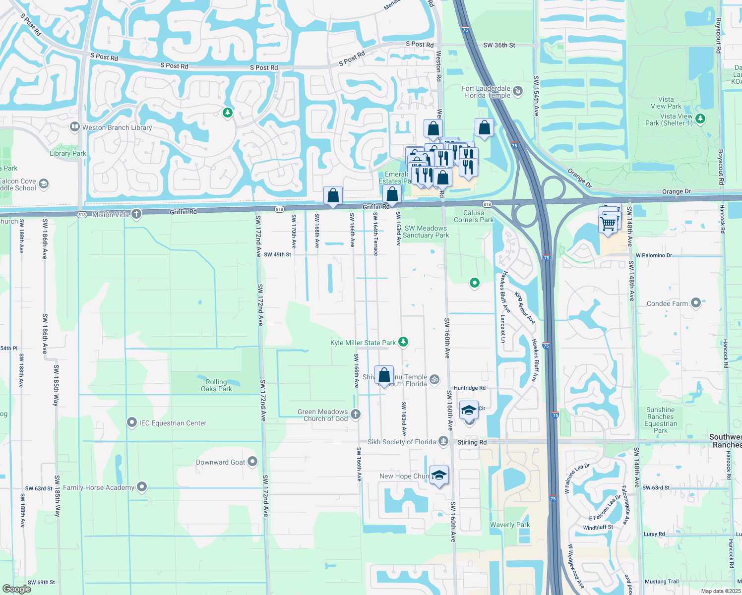 map of restaurants, bars, coffee shops, grocery stores, and more near 5109 Southwest 164th Terrace in Southwest Ranches
