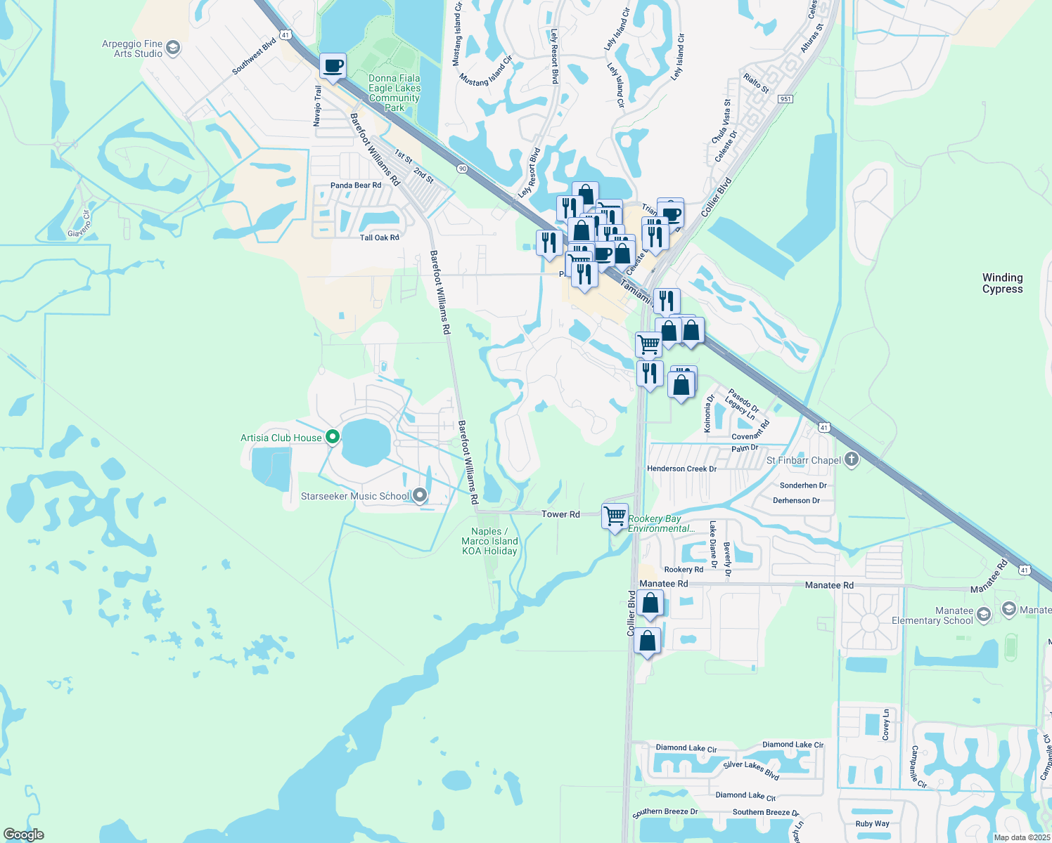 map of restaurants, bars, coffee shops, grocery stores, and more near 507 Eagle Creek Drive in Naples