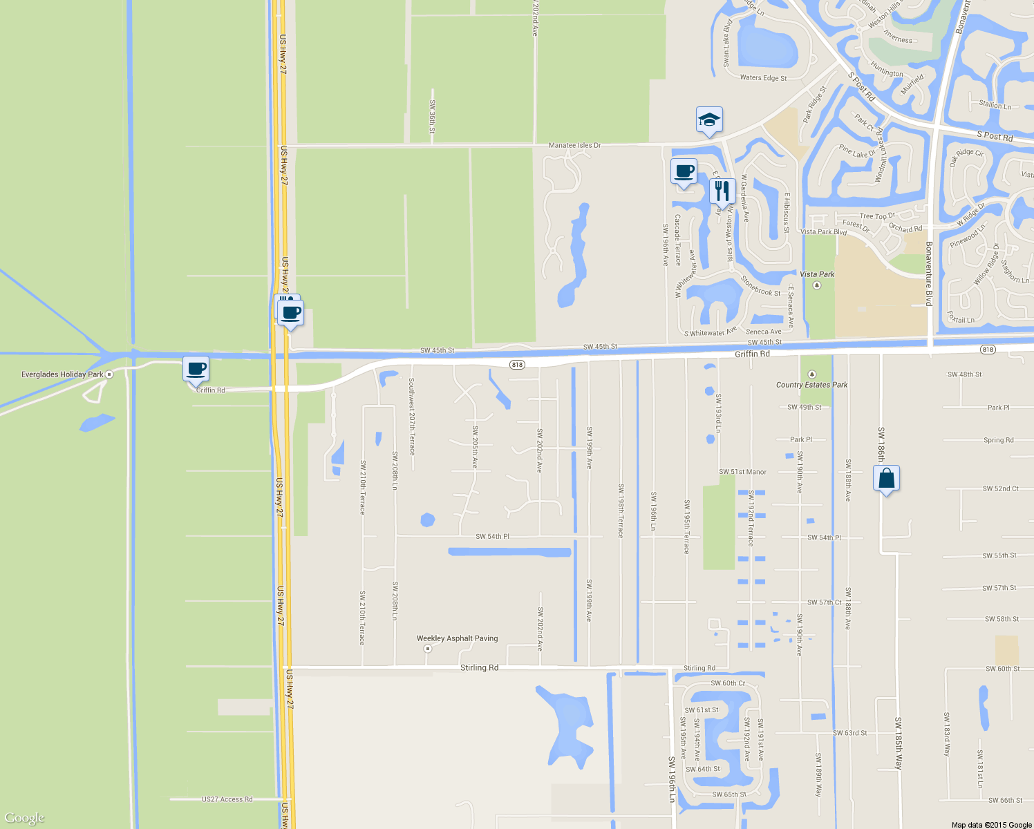 map of restaurants, bars, coffee shops, grocery stores, and more near 20221 Southwest 49th Court in Southwest Ranches