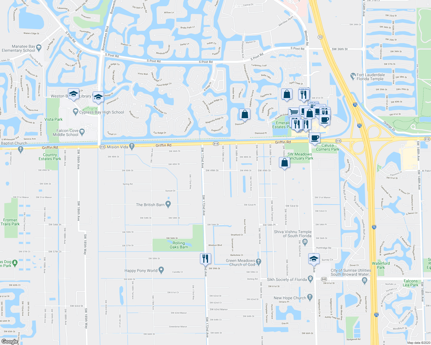 map of restaurants, bars, coffee shops, grocery stores, and more near 17040 Southwest 49th Street in Southwest Ranches