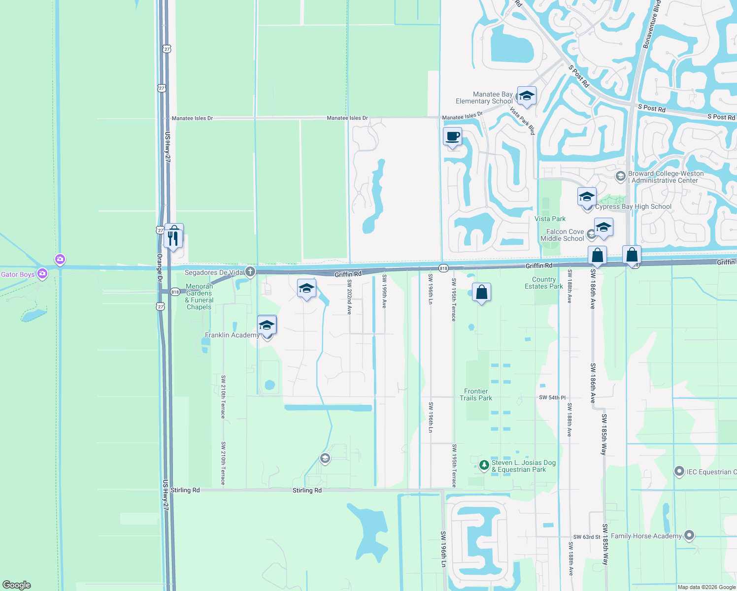 map of restaurants, bars, coffee shops, grocery stores, and more near 4840 Southwest 201st Terrace in Southwest Ranches