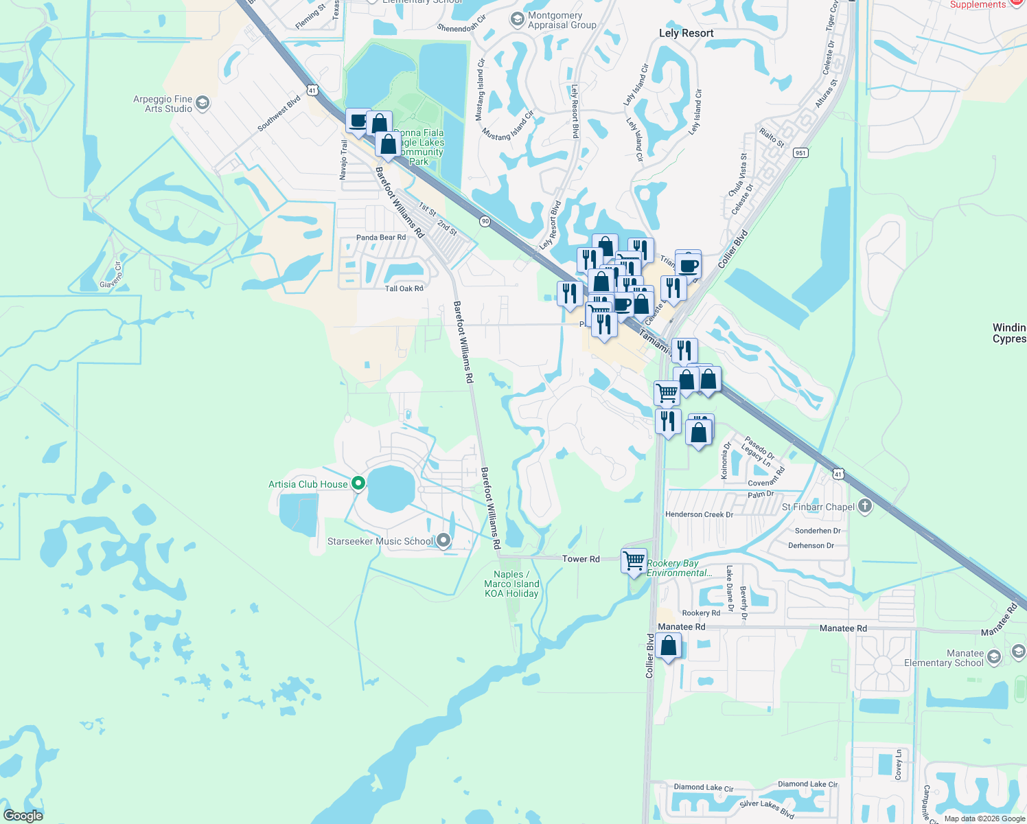map of restaurants, bars, coffee shops, grocery stores, and more near 29 Grey Wing Point in Naples