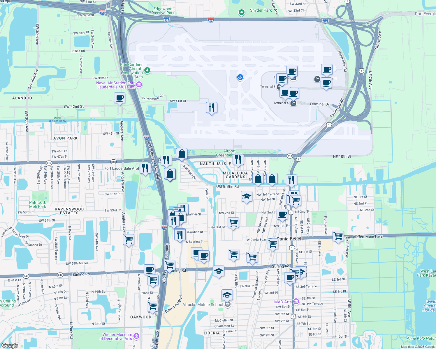 map of restaurants, bars, coffee shops, grocery stores, and more near 825 Argonaut Isle in Dania Beach