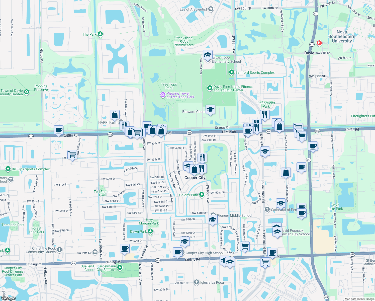 map of restaurants, bars, coffee shops, grocery stores, and more near 4954 Southwest 91st Avenue in Cooper City