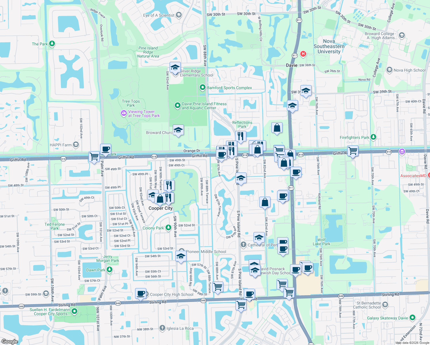 map of restaurants, bars, coffee shops, grocery stores, and more near 4900 Southwest 87th Avenue in Cooper City