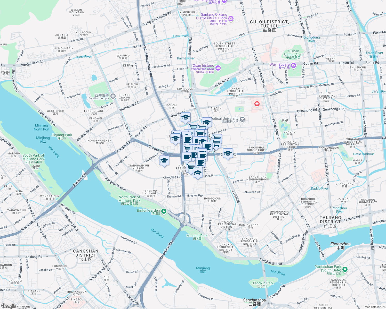 map of restaurants, bars, coffee shops, grocery stores, and more near Gong Ye Lu in Fu Zhou Shi