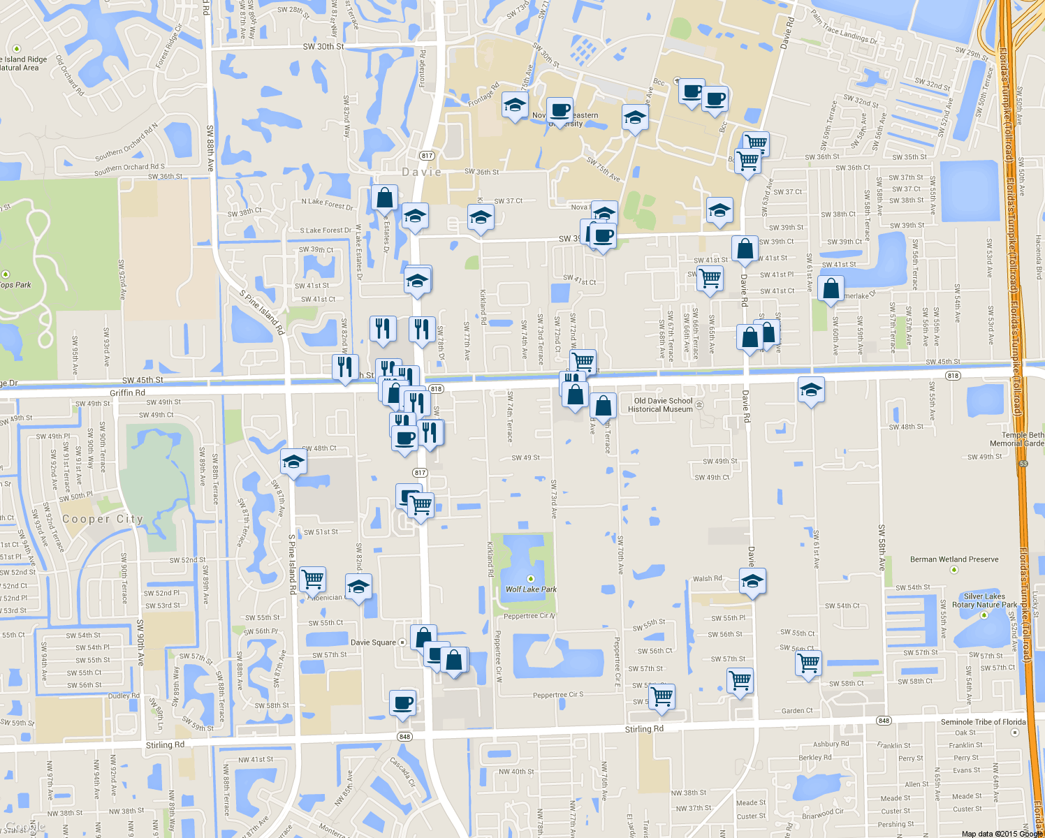 map of restaurants, bars, coffee shops, grocery stores, and more near 7370 Griffin Road in Davie