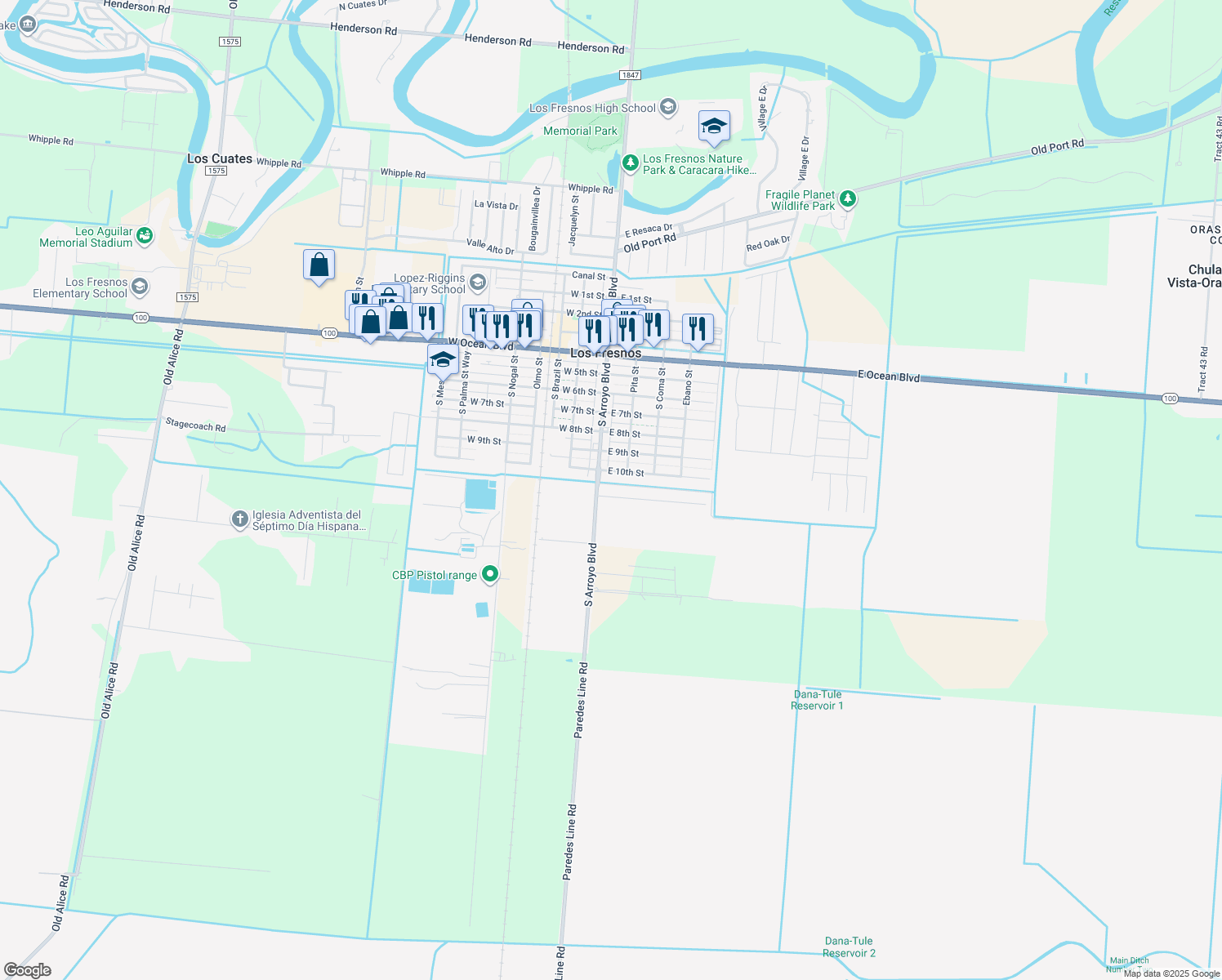map of restaurants, bars, coffee shops, grocery stores, and more near 105 Alvarez Court in Los Fresnos