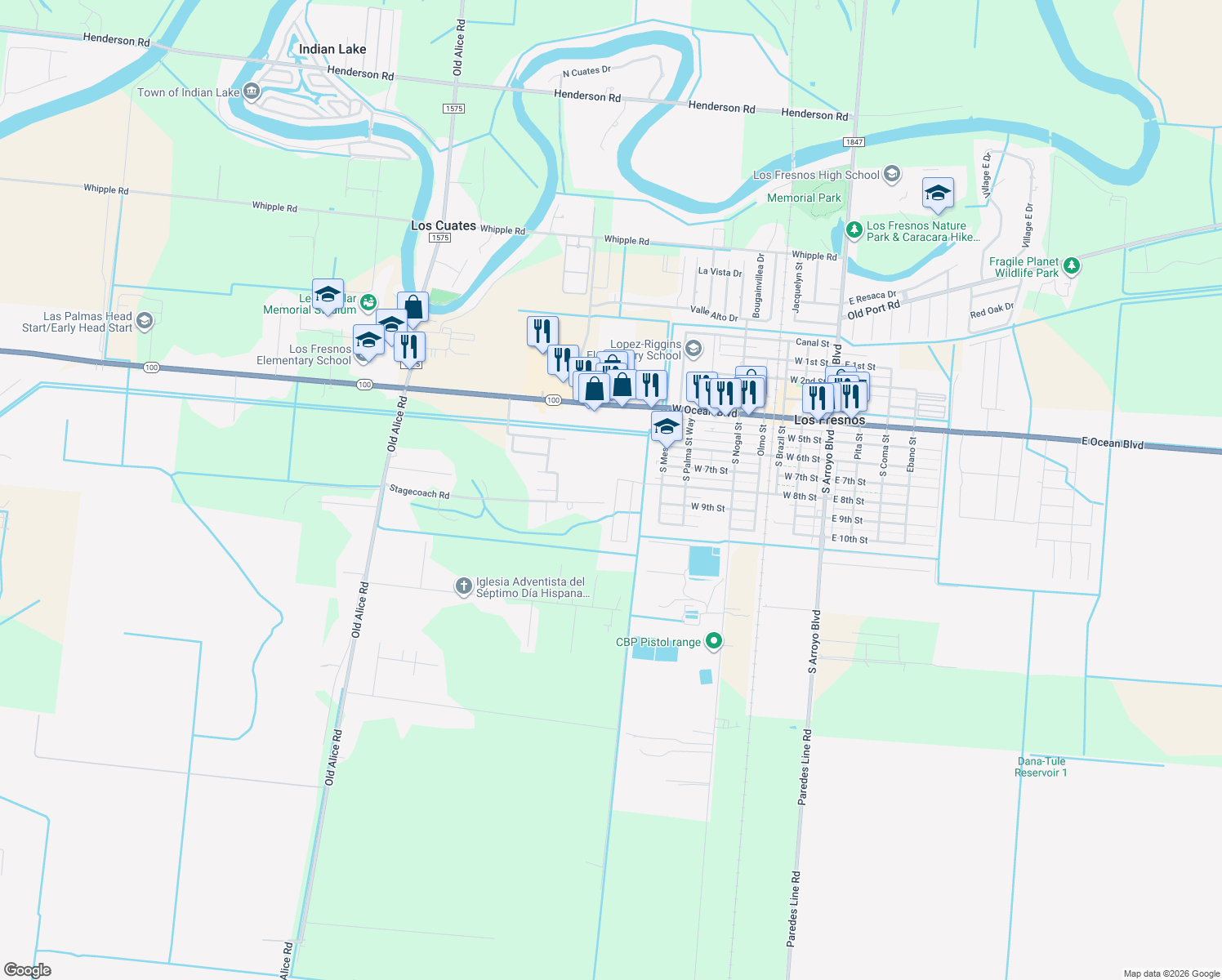map of restaurants, bars, coffee shops, grocery stores, and more near 507 Legion Trail in Los Fresnos
