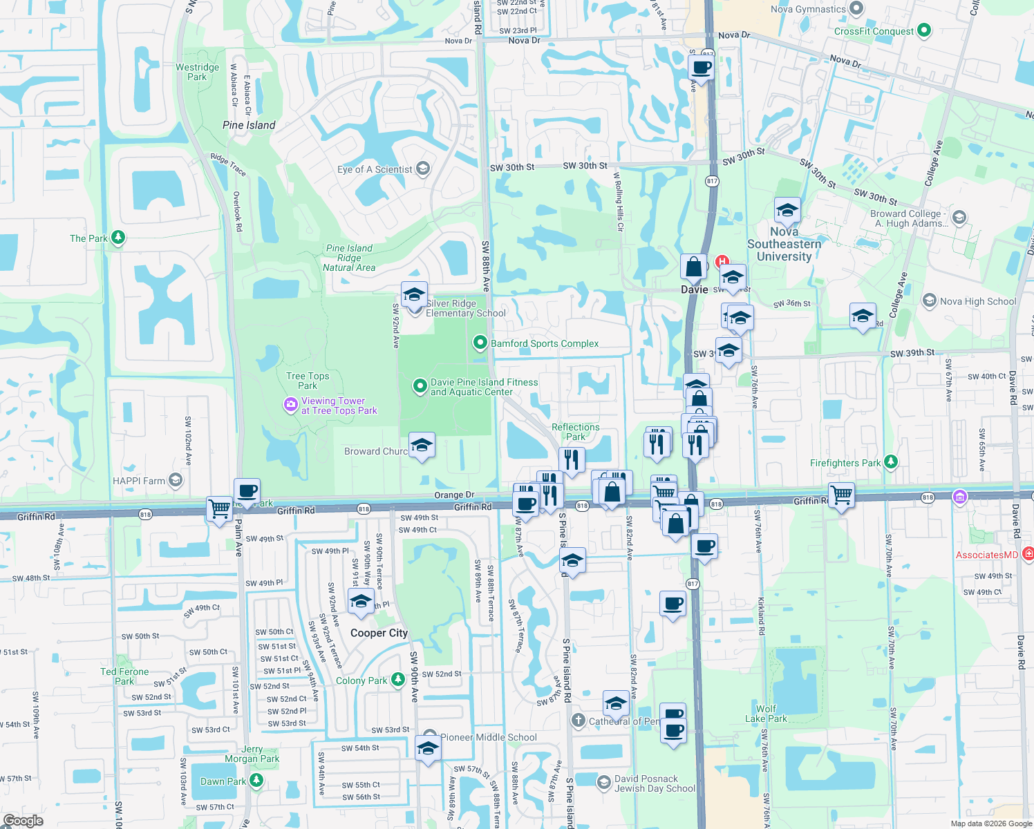 map of restaurants, bars, coffee shops, grocery stores, and more near 4165 South Pine Island Road in Davie