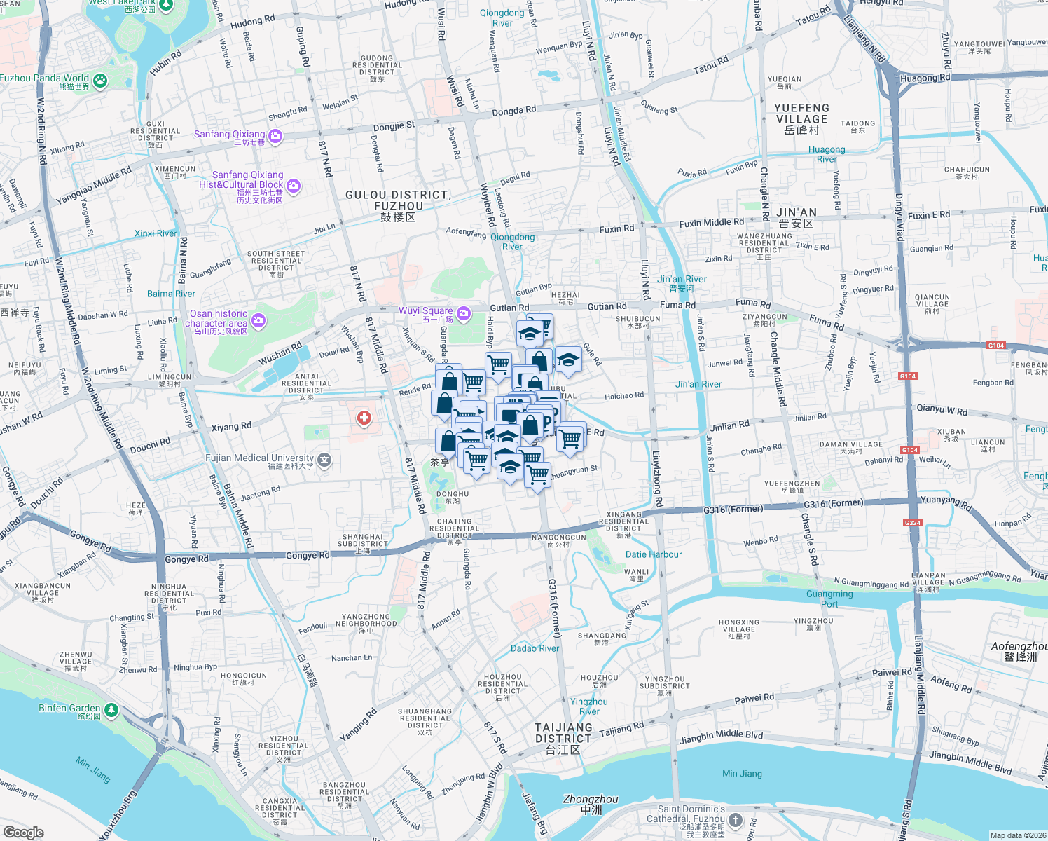 map of restaurants, bars, coffee shops, grocery stores, and more near 88 Wu Yi Zhong Lu in Fu Zhou Shi
