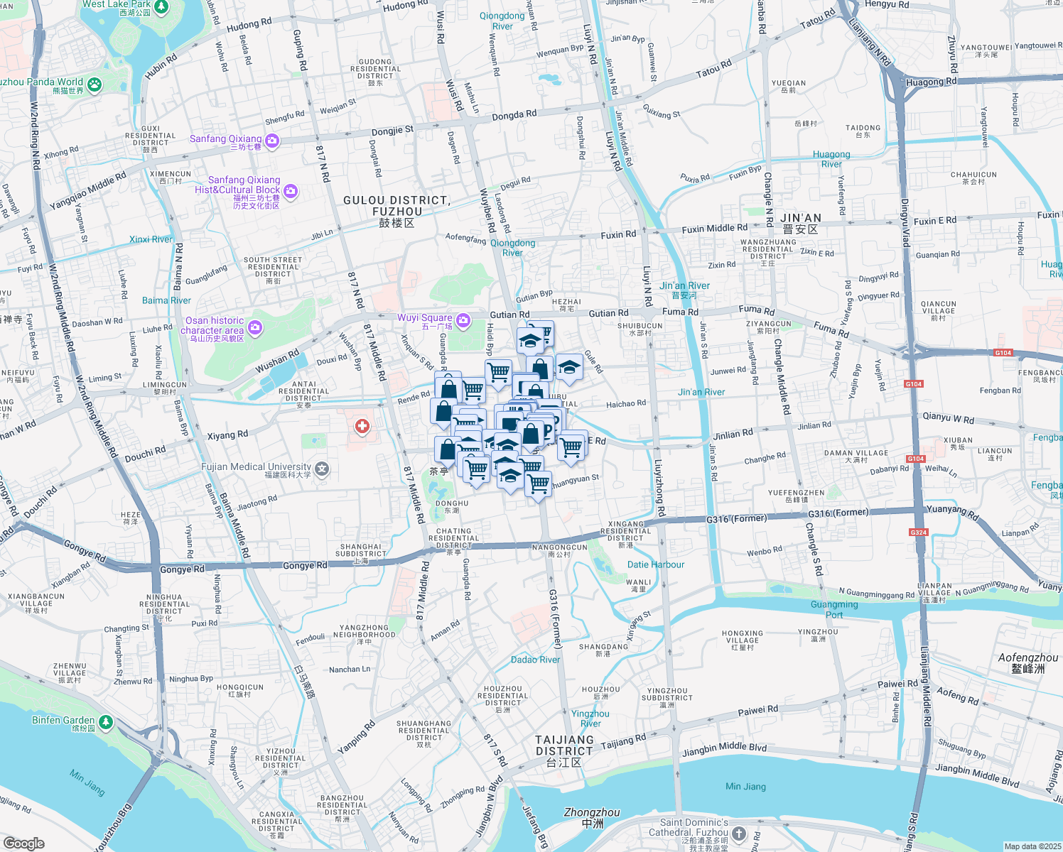 map of restaurants, bars, coffee shops, grocery stores, and more near 88 Wu Yi Zhong Lu in Fu Zhou Shi