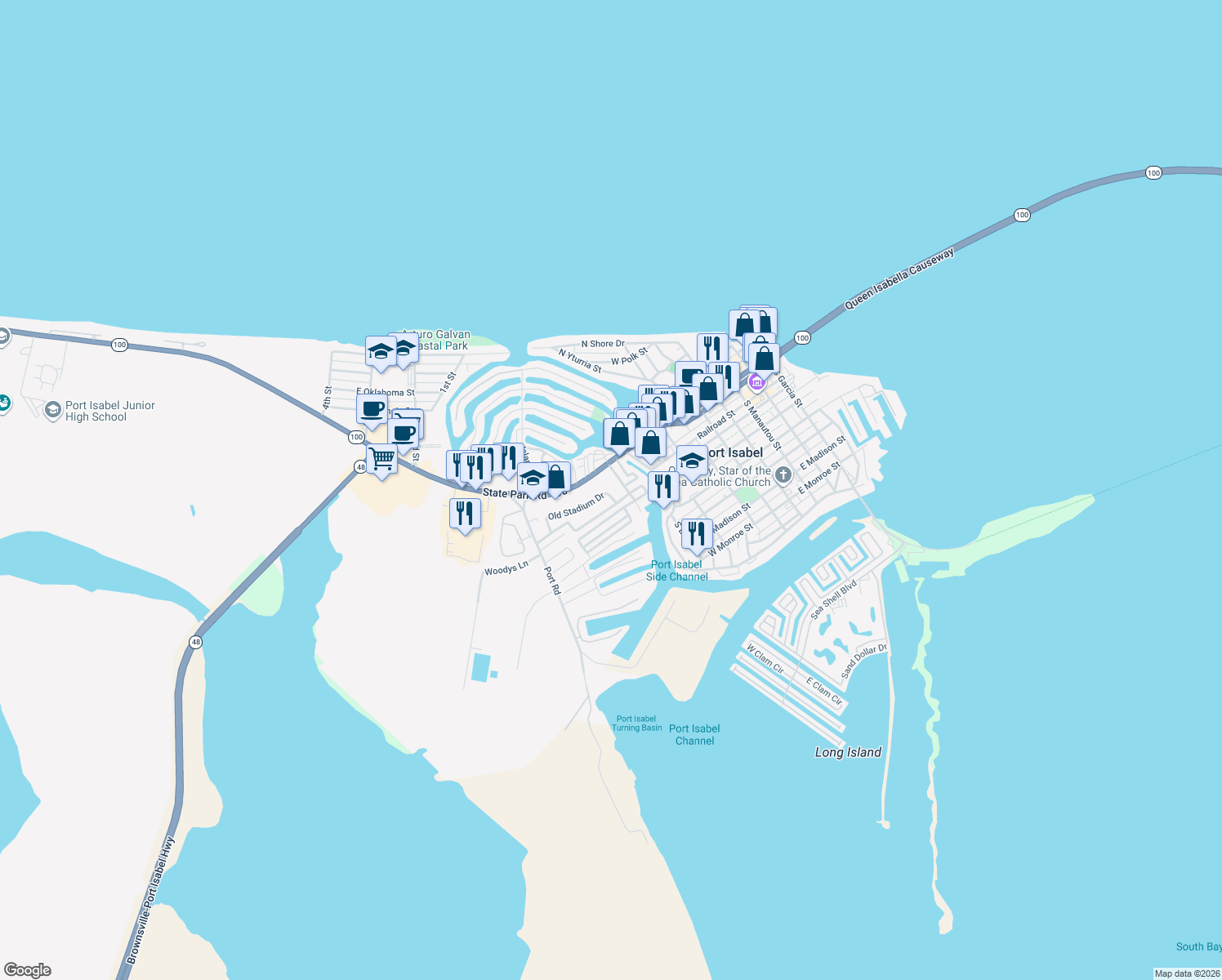 map of restaurants, bars, coffee shops, grocery stores, and more near 110 Old Stadium Dr in Port Isabel