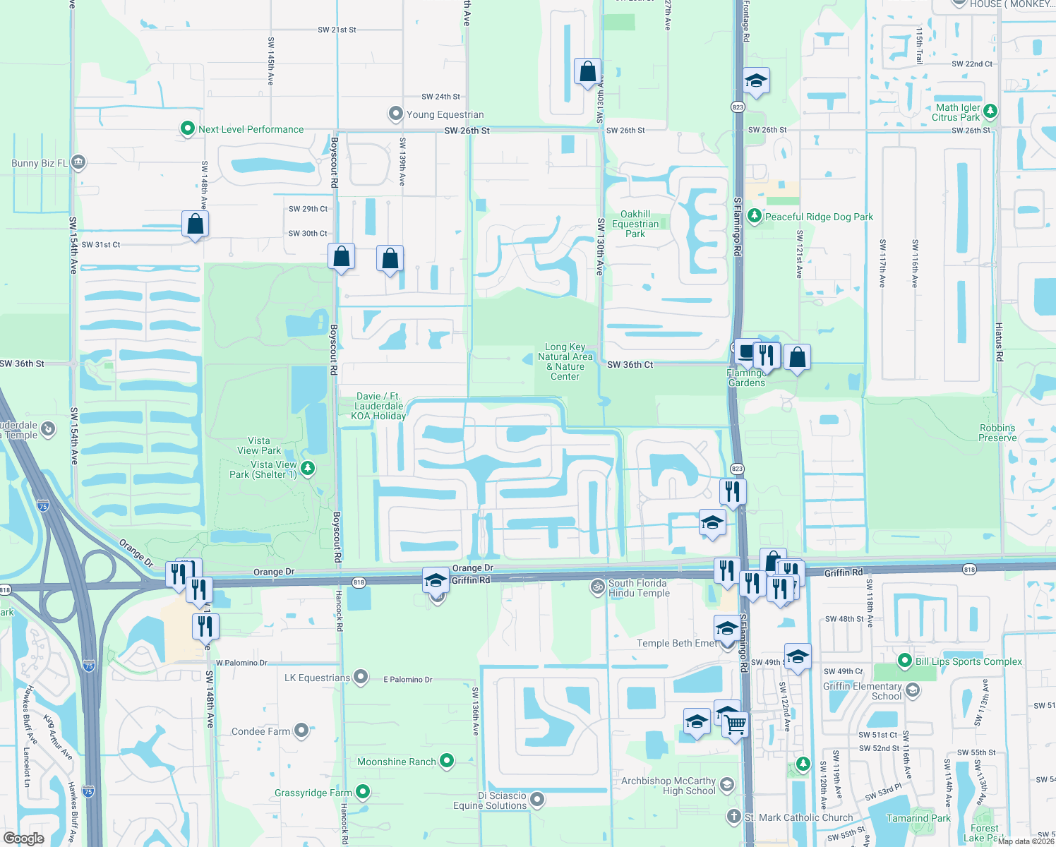 map of restaurants, bars, coffee shops, grocery stores, and more near 13298 Southwest 39th Street in Davie