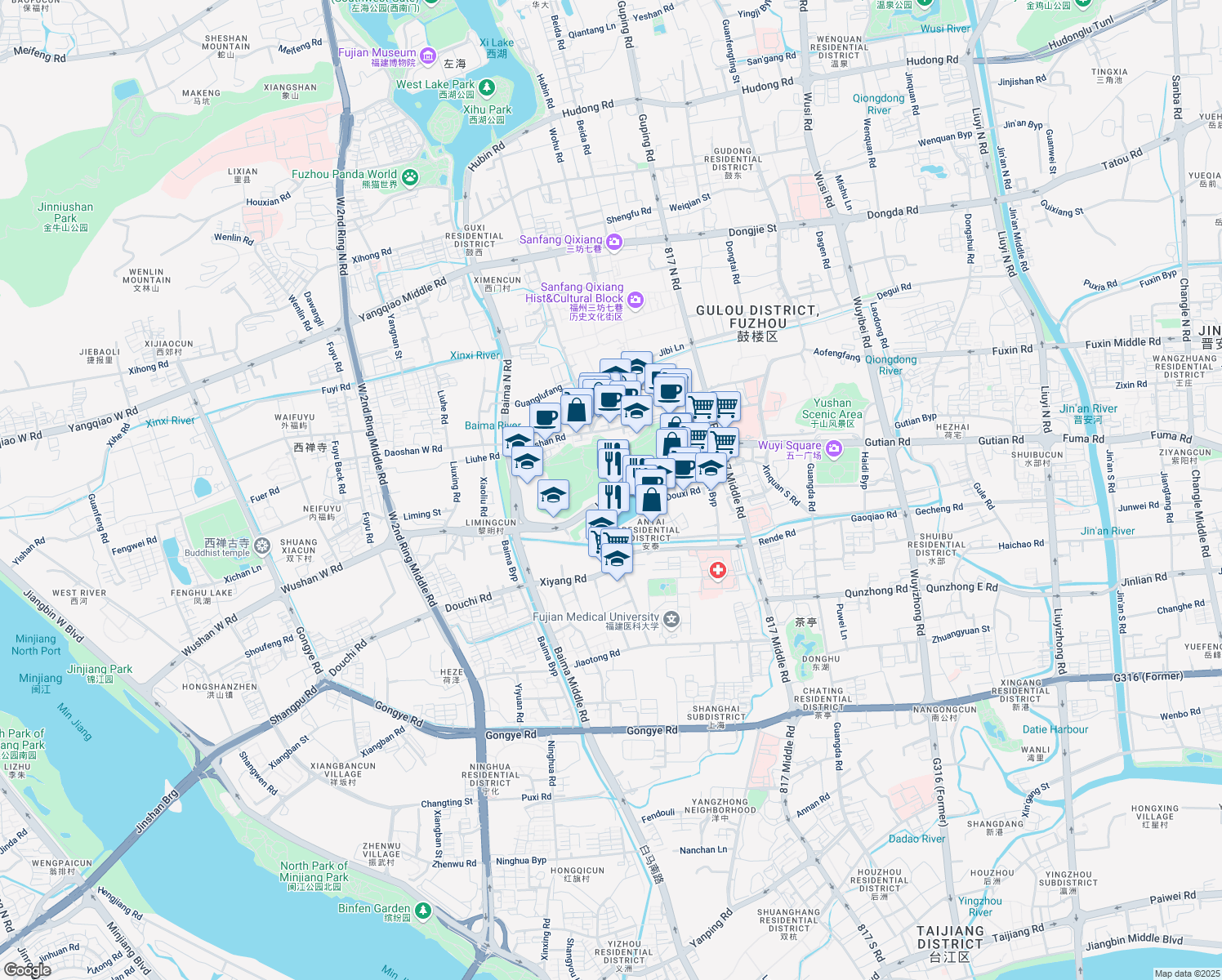 map of restaurants, bars, coffee shops, grocery stores, and more near in Fuzhou