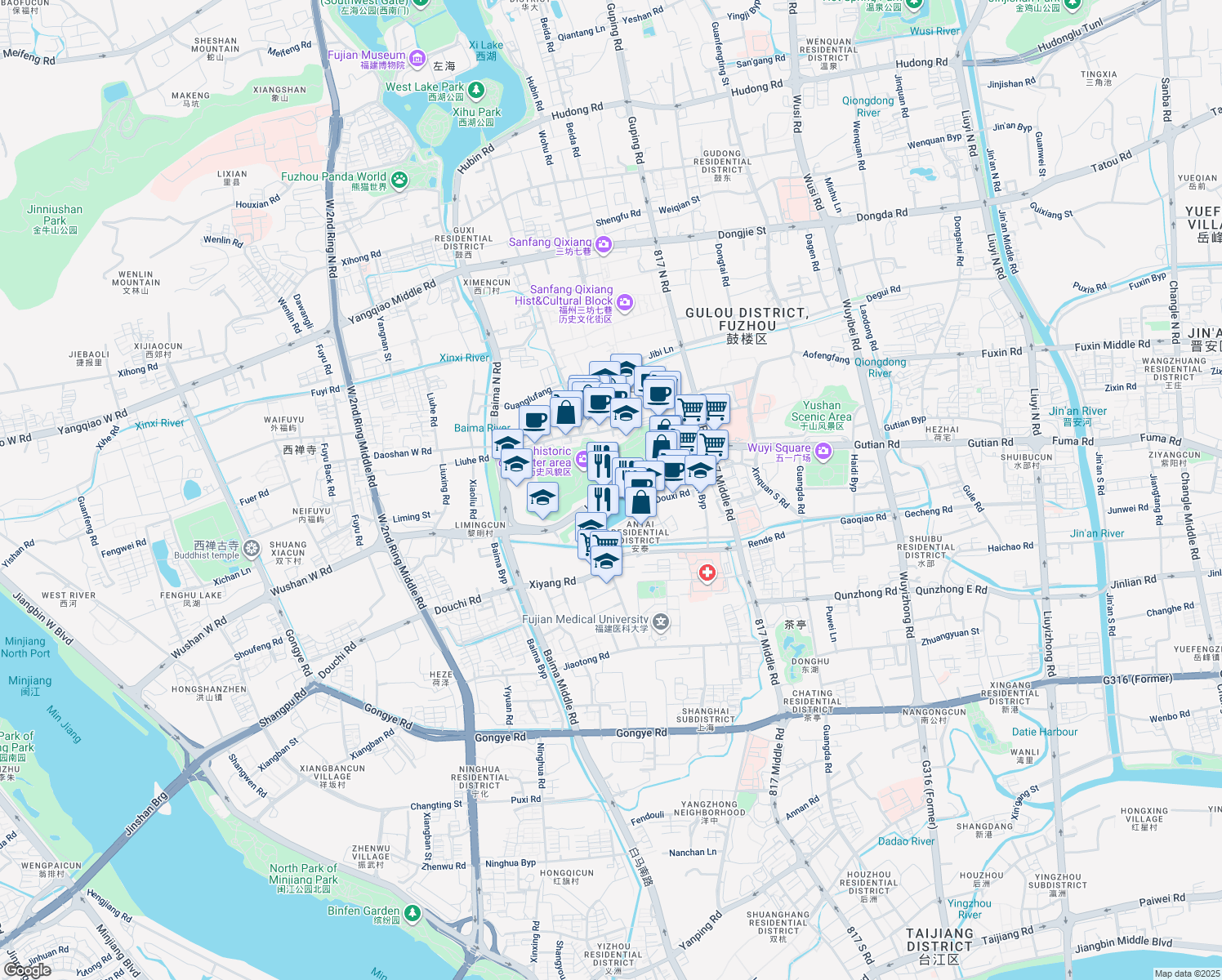 map of restaurants, bars, coffee shops, grocery stores, and more near 96 Wu Shan Lu in Fu Zhou Shi