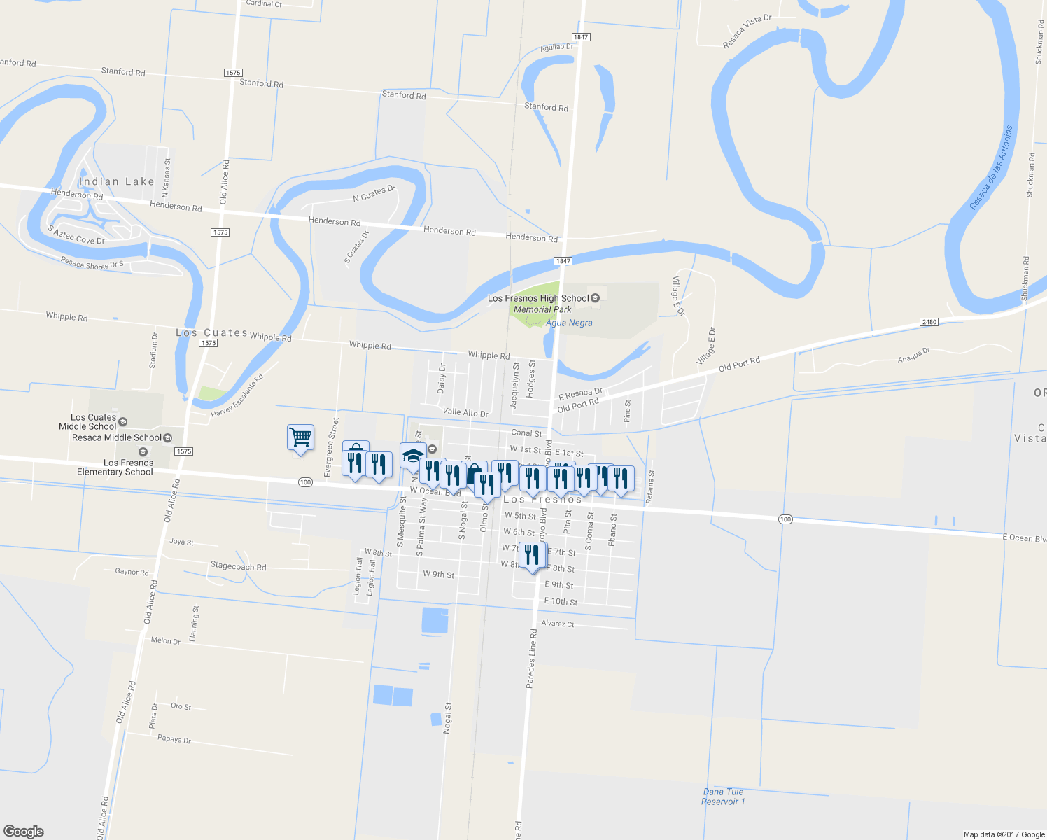 map of restaurants, bars, coffee shops, grocery stores, and more near 113 North Canal Street in Los Fresnos