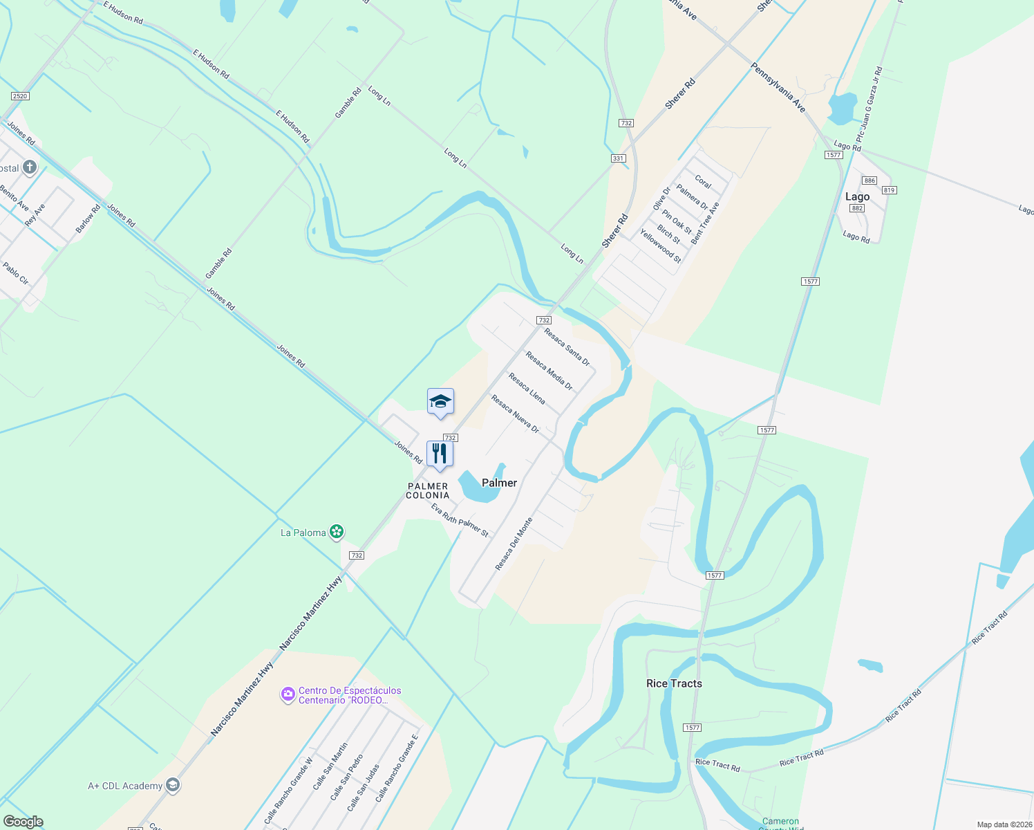 map of restaurants, bars, coffee shops, grocery stores, and more near Resaca Seca Dr in San Benito