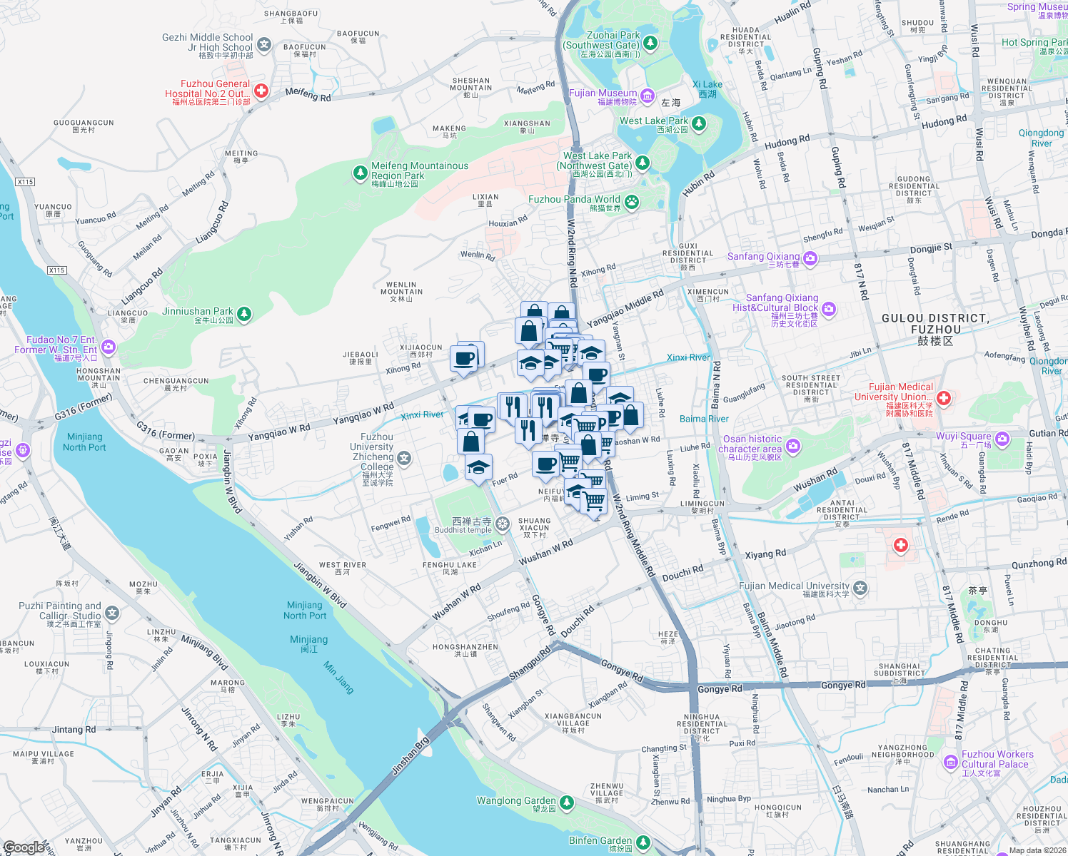 map of restaurants, bars, coffee shops, grocery stores, and more near Hong Shan Yuan Lu in Fu Zhou Shi