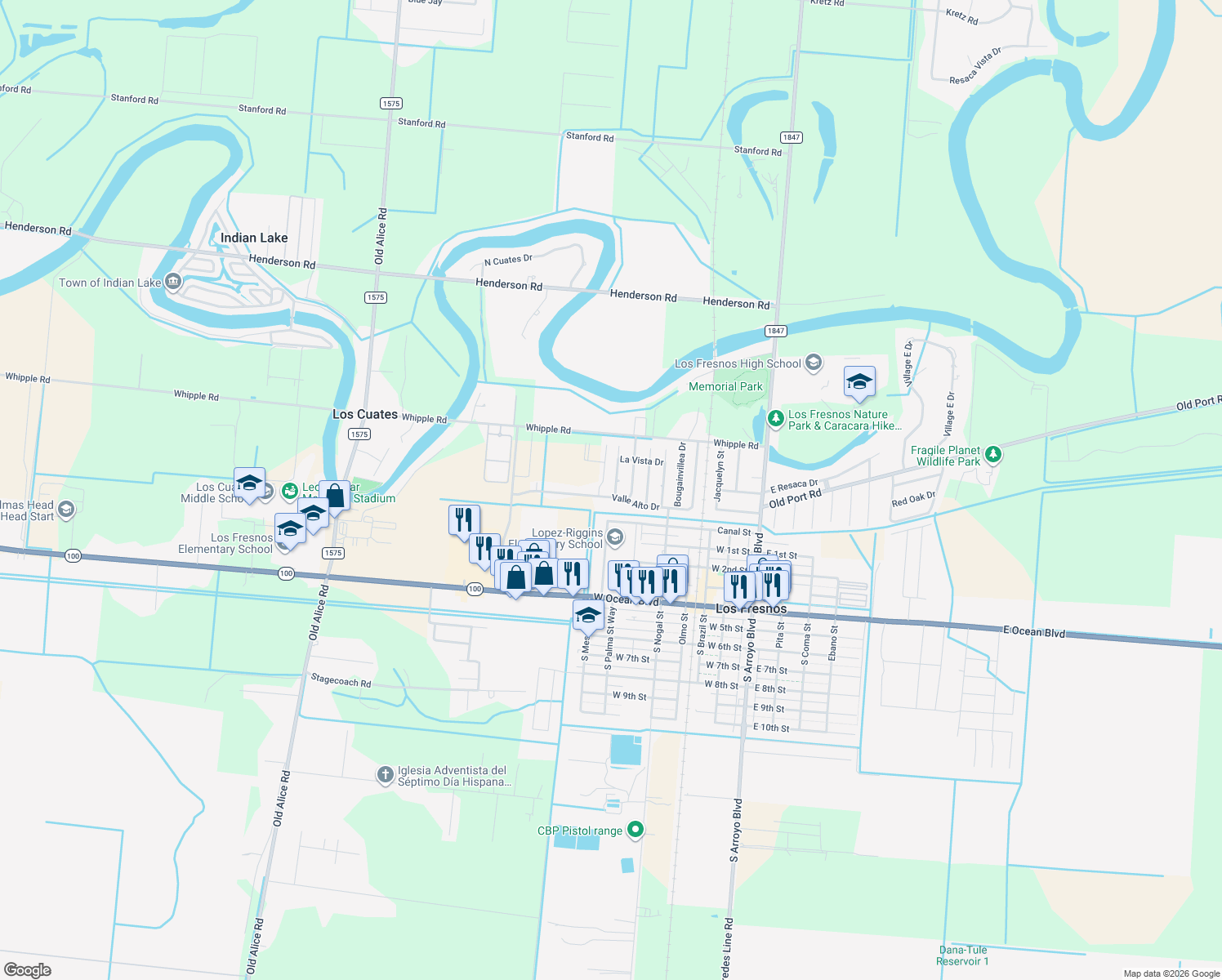map of restaurants, bars, coffee shops, grocery stores, and more near 1004 Easter Lilly Drive in Los Fresnos