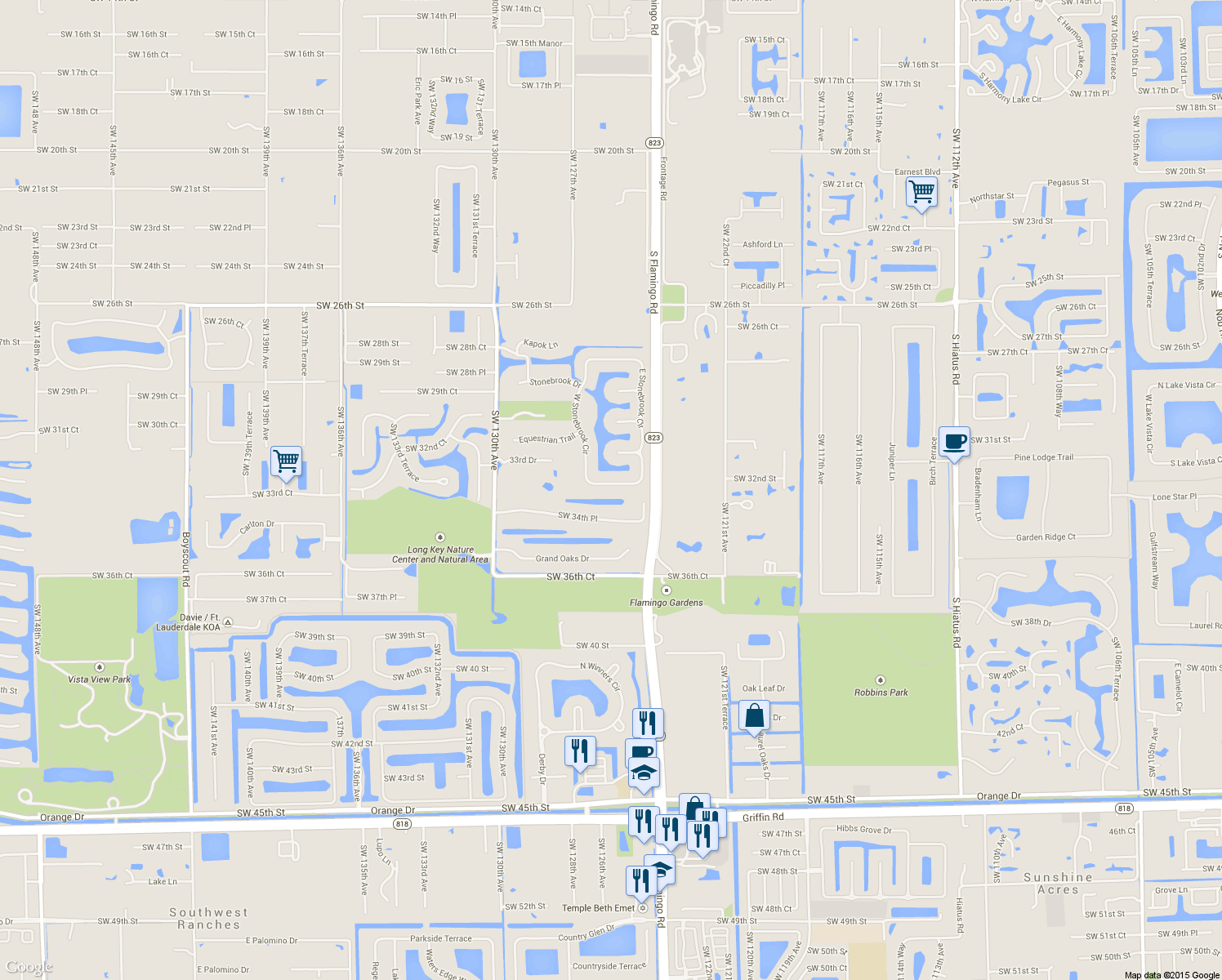 map of restaurants, bars, coffee shops, grocery stores, and more near 12568 South Stonebrook Circle in Davie