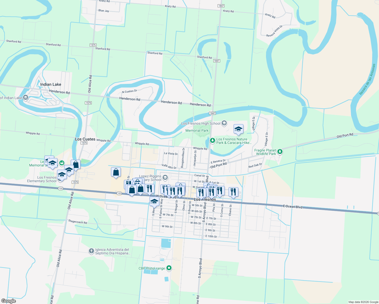 map of restaurants, bars, coffee shops, grocery stores, and more near 633 Valle Alto Drive in Los Fresnos