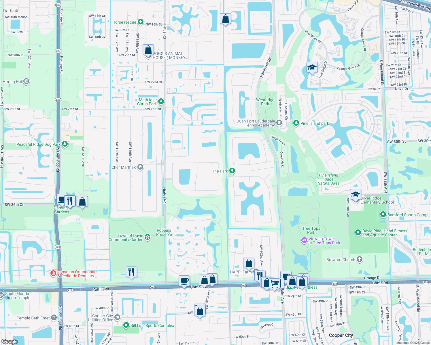 map of restaurants, bars, coffee shops, grocery stores, and more near 3413 Dovecote Meadow Ln in Davie