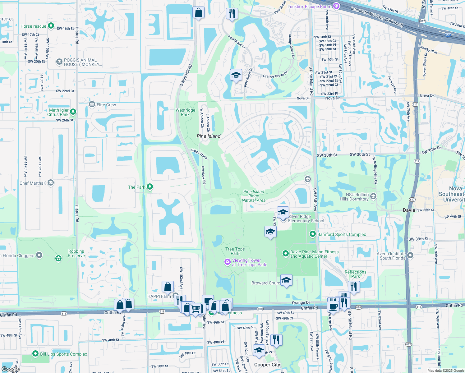 map of restaurants, bars, coffee shops, grocery stores, and more near 3211 Hidden Hollow Lane in Davie