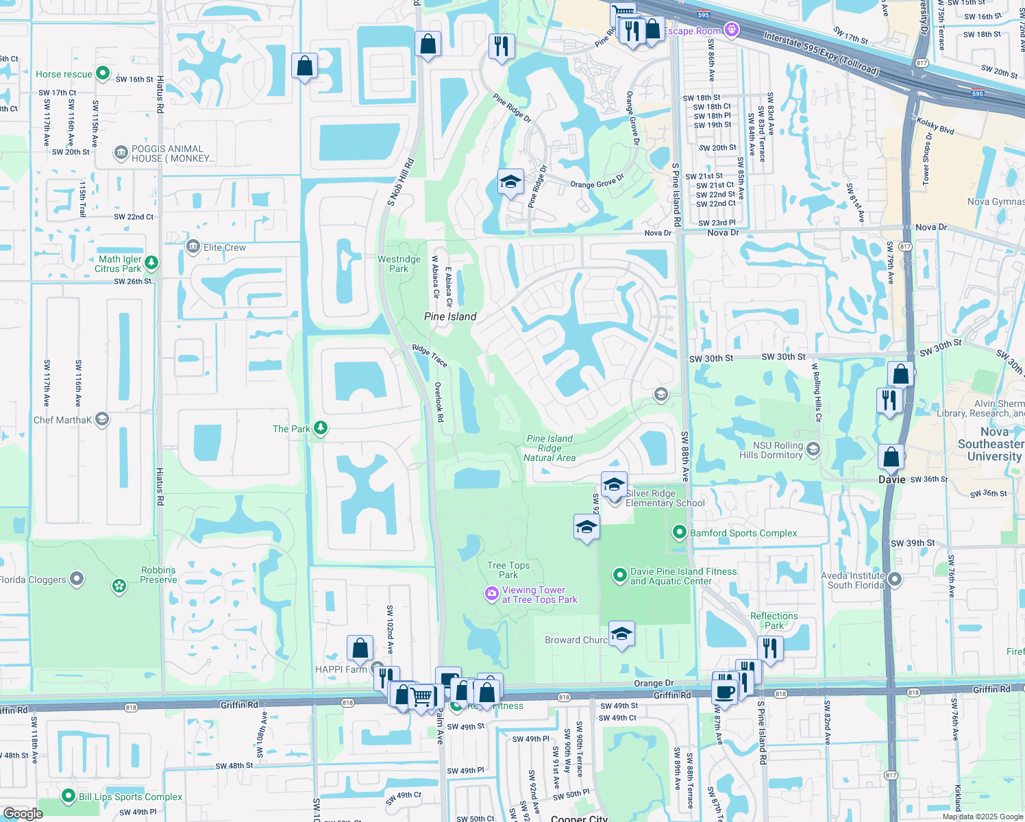 map of restaurants, bars, coffee shops, grocery stores, and more near 3140 Hidden Hollow Lane in Davie