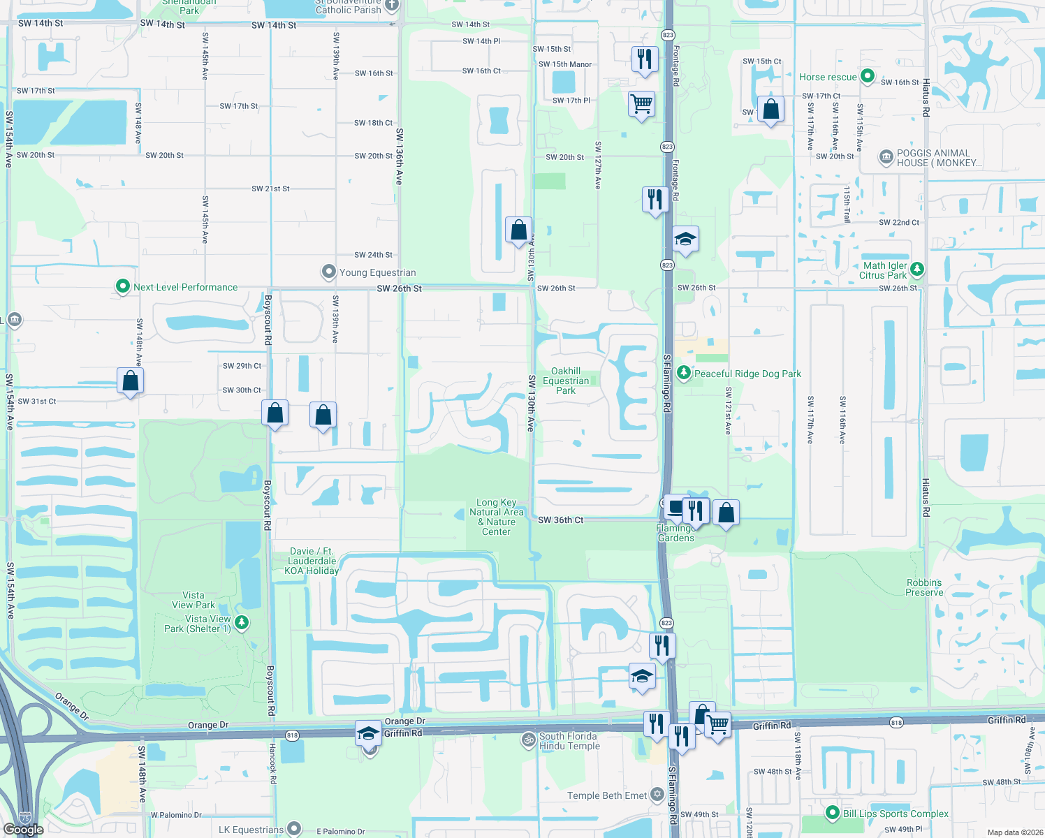 map of restaurants, bars, coffee shops, grocery stores, and more near 3290 Southwest 131st Terrace in Davie
