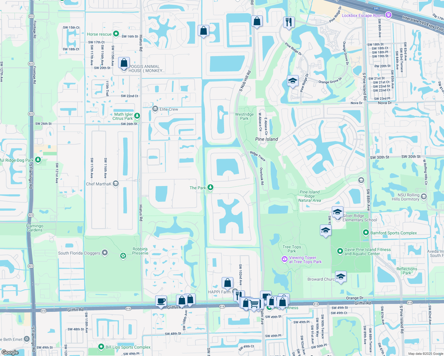 map of restaurants, bars, coffee shops, grocery stores, and more near 10403 South Lake Vista Circle in Davie