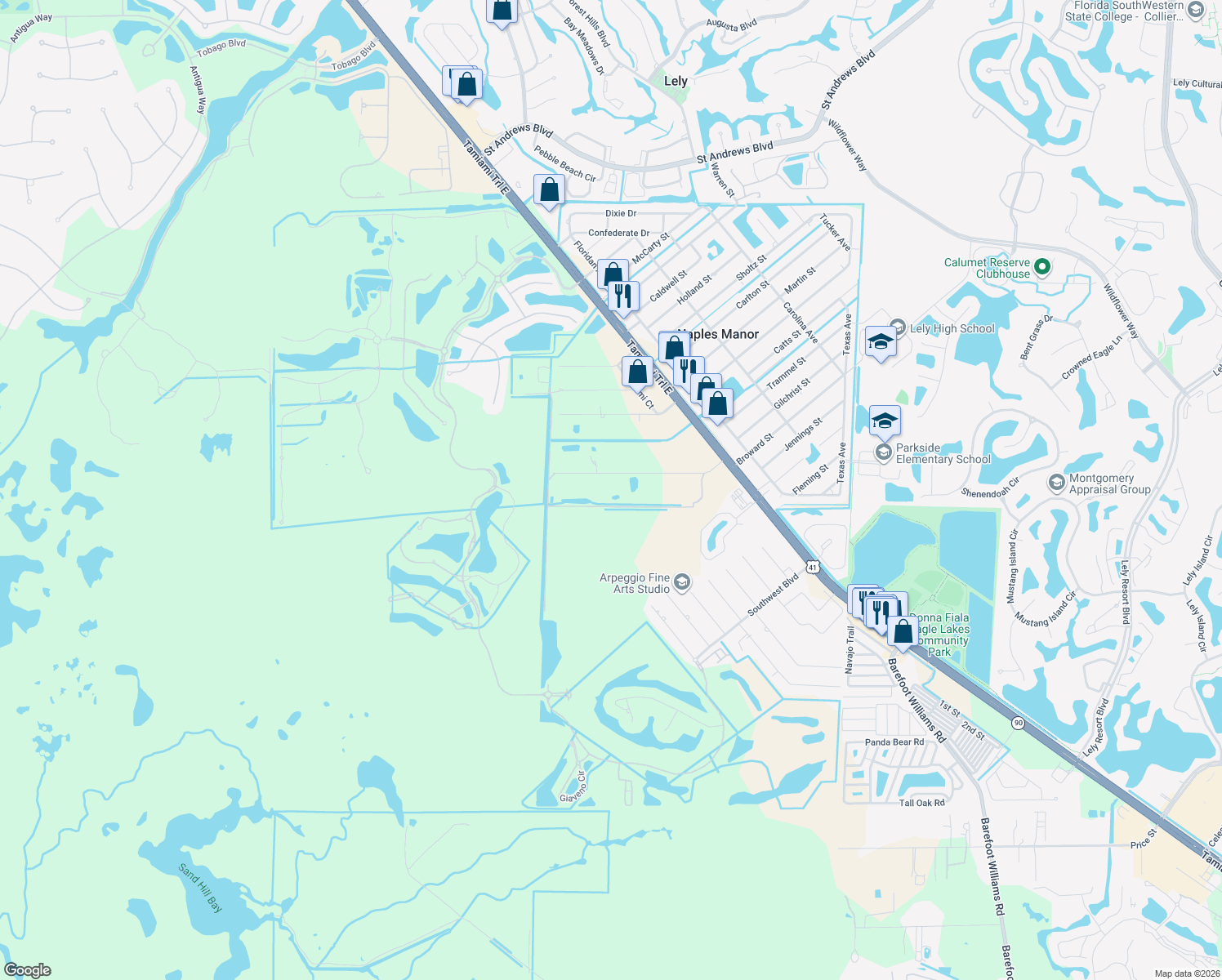map of restaurants, bars, coffee shops, grocery stores, and more near 5280 Myrtle Lane in Naples