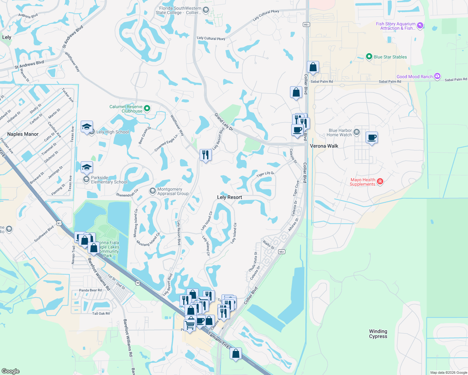 map of restaurants, bars, coffee shops, grocery stores, and more near 6936 Mauna Loa Lane in Naples