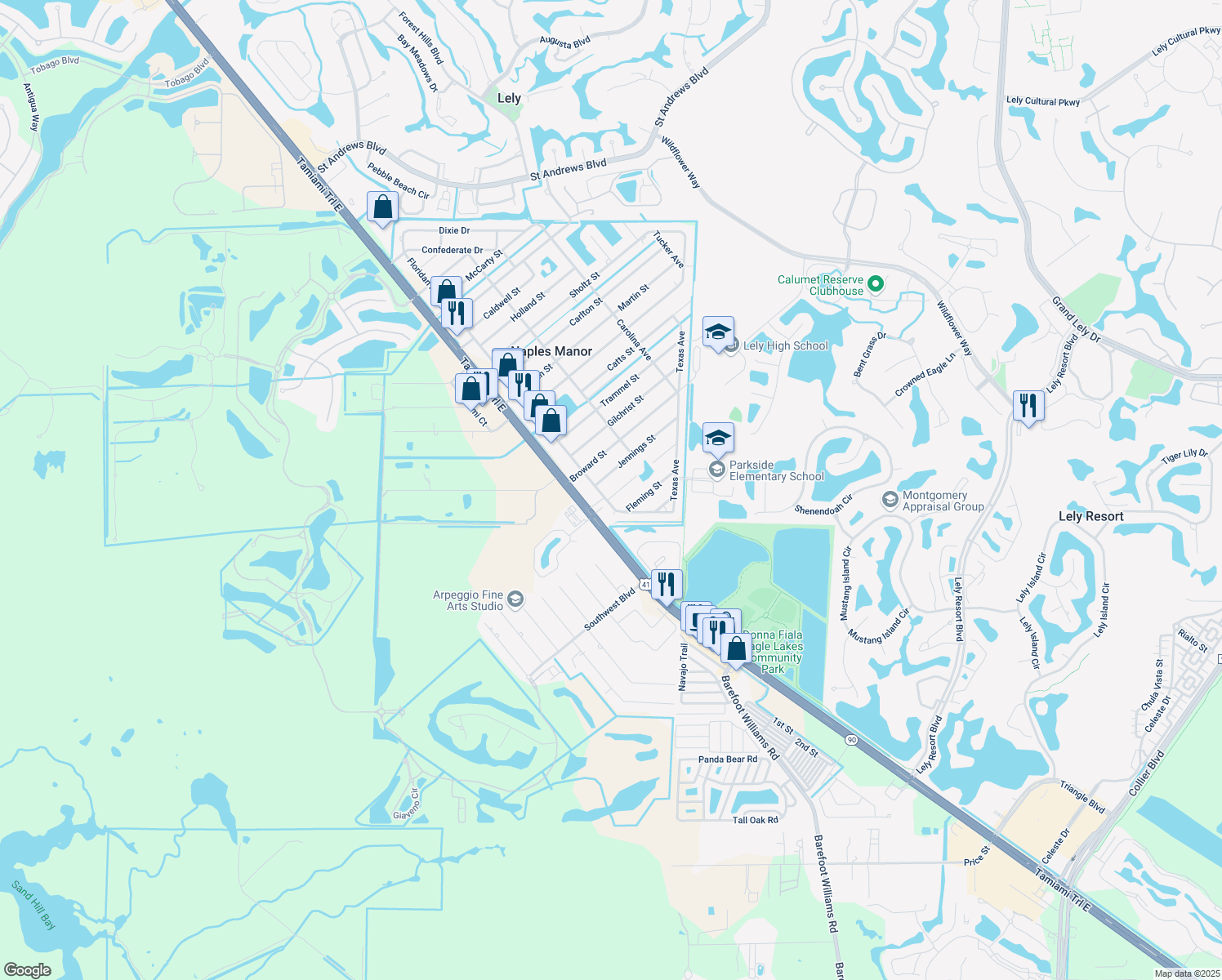 map of restaurants, bars, coffee shops, grocery stores, and more near 5209 Mitchell Street in Naples