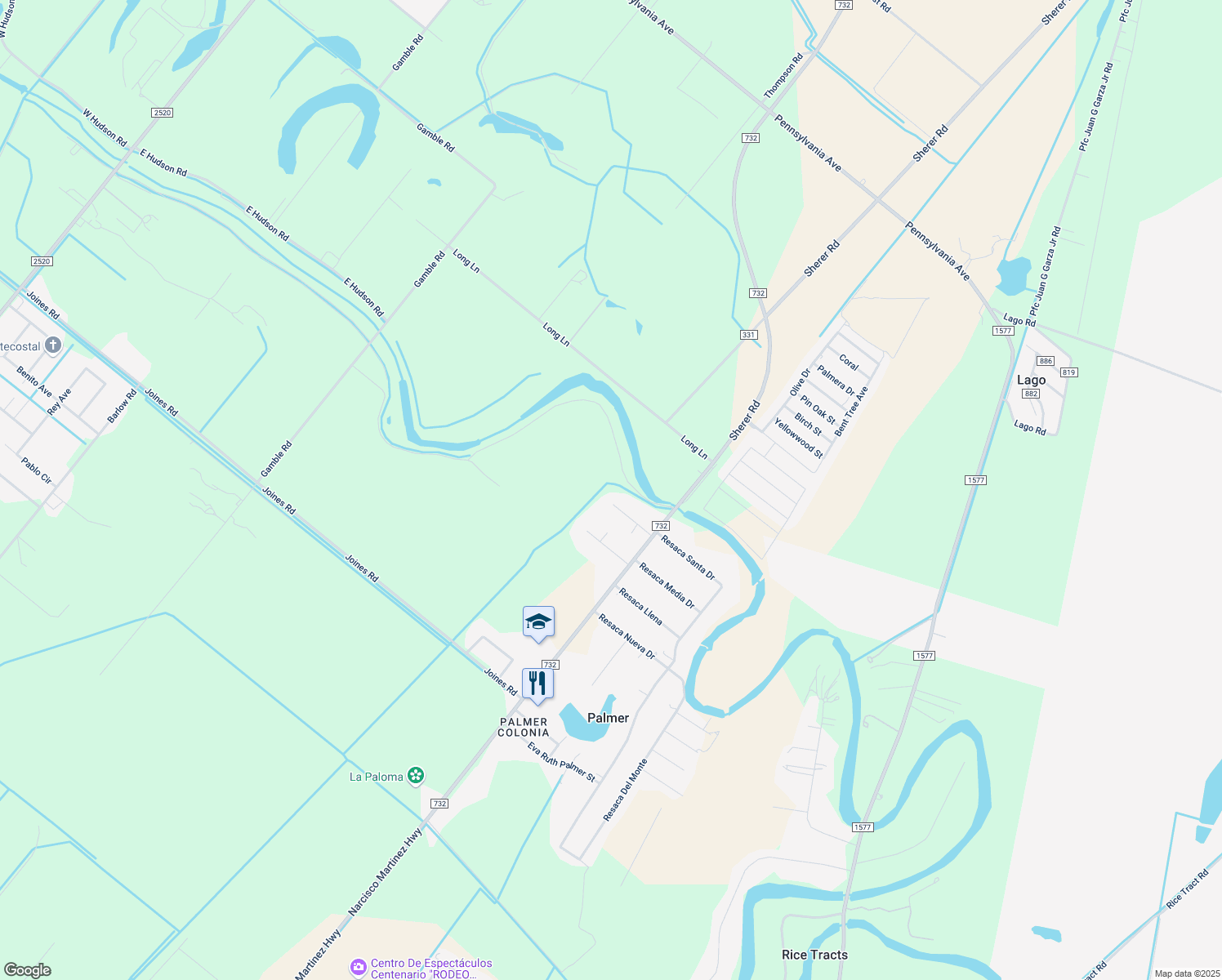 map of restaurants, bars, coffee shops, grocery stores, and more near 1100 Riviera Street in Brownsville