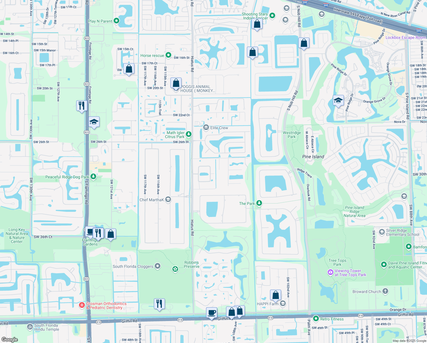 map of restaurants, bars, coffee shops, grocery stores, and more near 2880 Southwest 110th Terrace in Davie