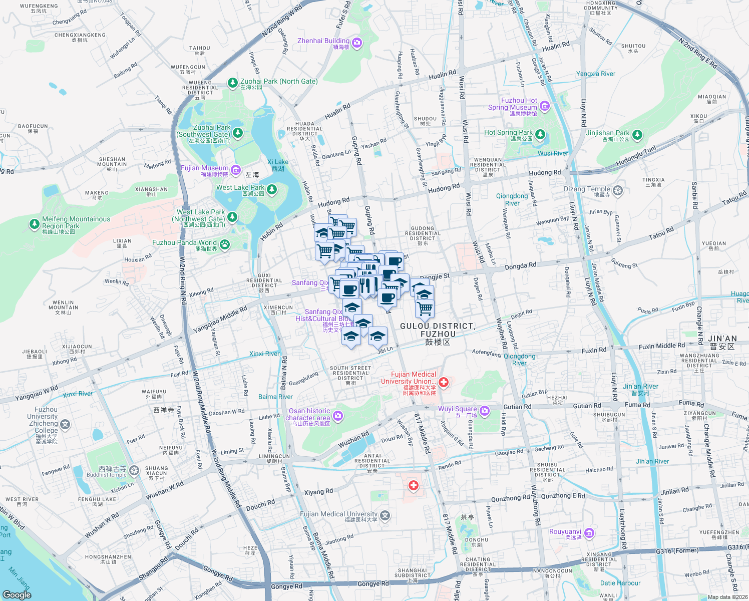 map of restaurants, bars, coffee shops, grocery stores, and more near Nan Jie in Fu Zhou Shi