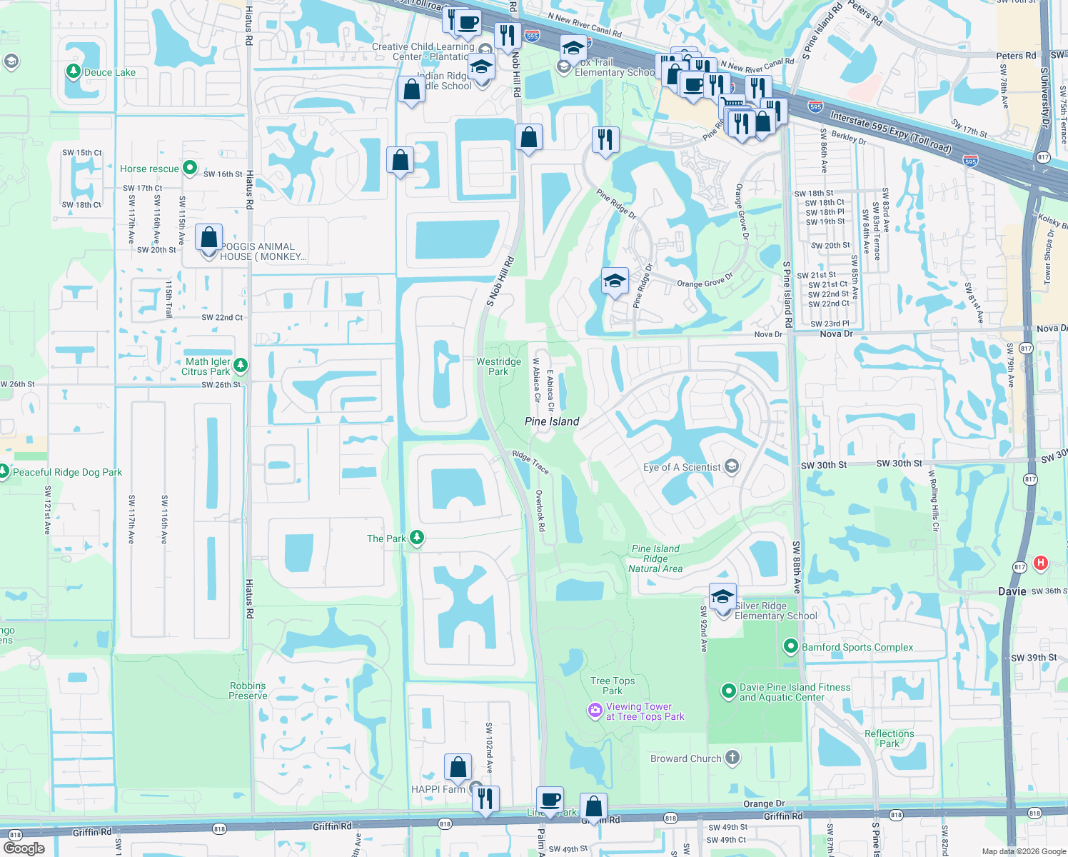 map of restaurants, bars, coffee shops, grocery stores, and more near 3001 West Abiaca Circle in Davie