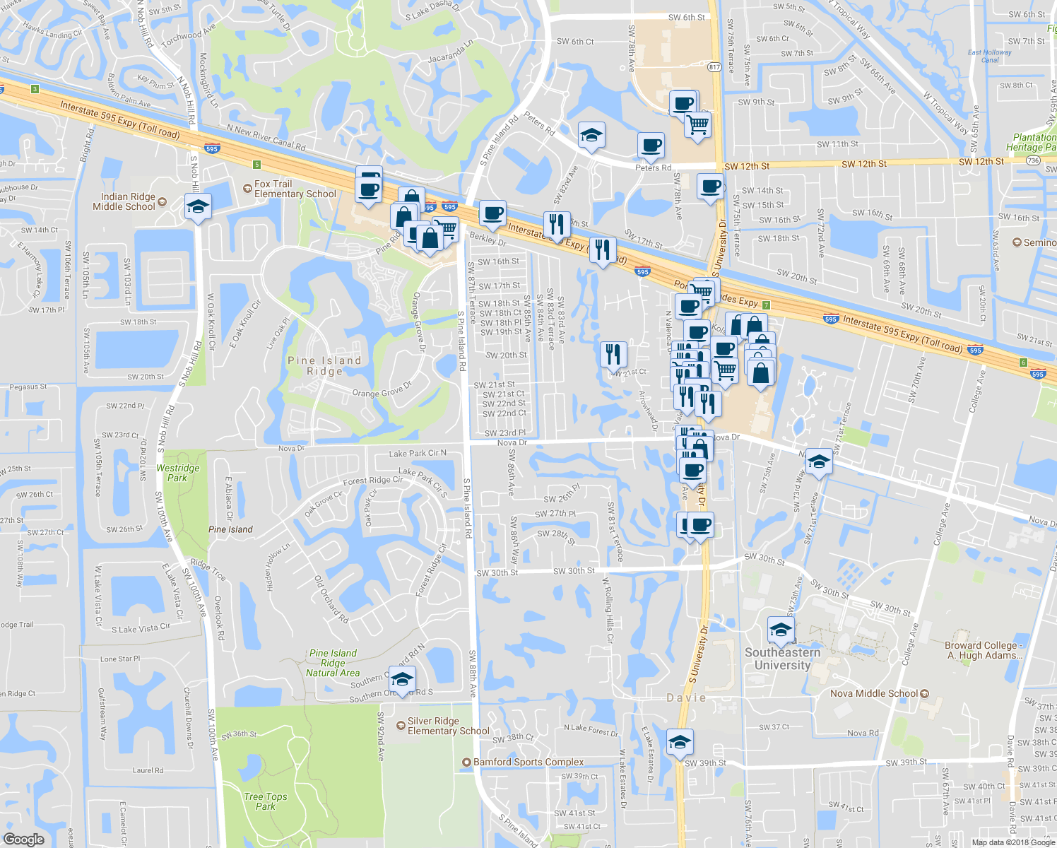 map of restaurants, bars, coffee shops, grocery stores, and more near 2321 Southwest 85th Avenue in Davie
