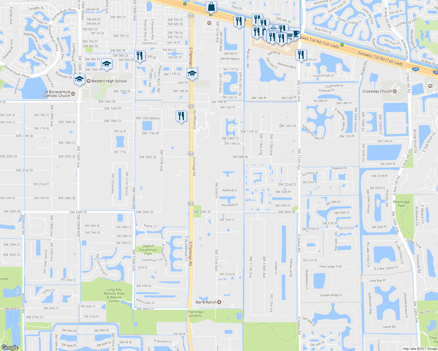 map of restaurants, bars, coffee shops, grocery stores, and more near 2181 Southwest 120th Terrace in Davie