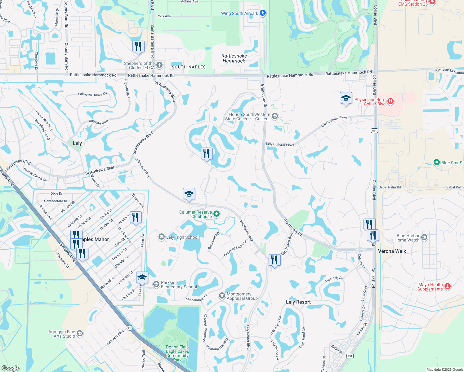 map of restaurants, bars, coffee shops, grocery stores, and more near 6590 Caldecott Drive in Naples