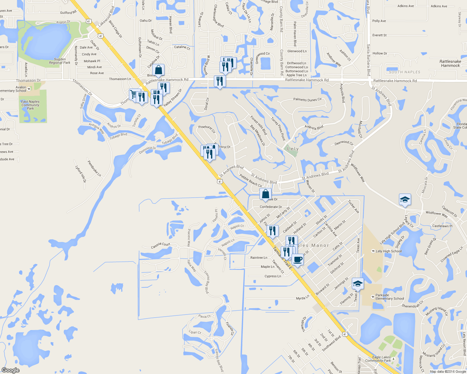 map of restaurants, bars, coffee shops, grocery stores, and more near 9001 Tamiami Trail East in Naples