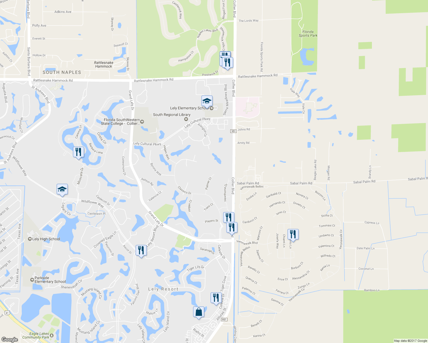 map of restaurants, bars, coffee shops, grocery stores, and more near 7639 Palmer Court in Naples