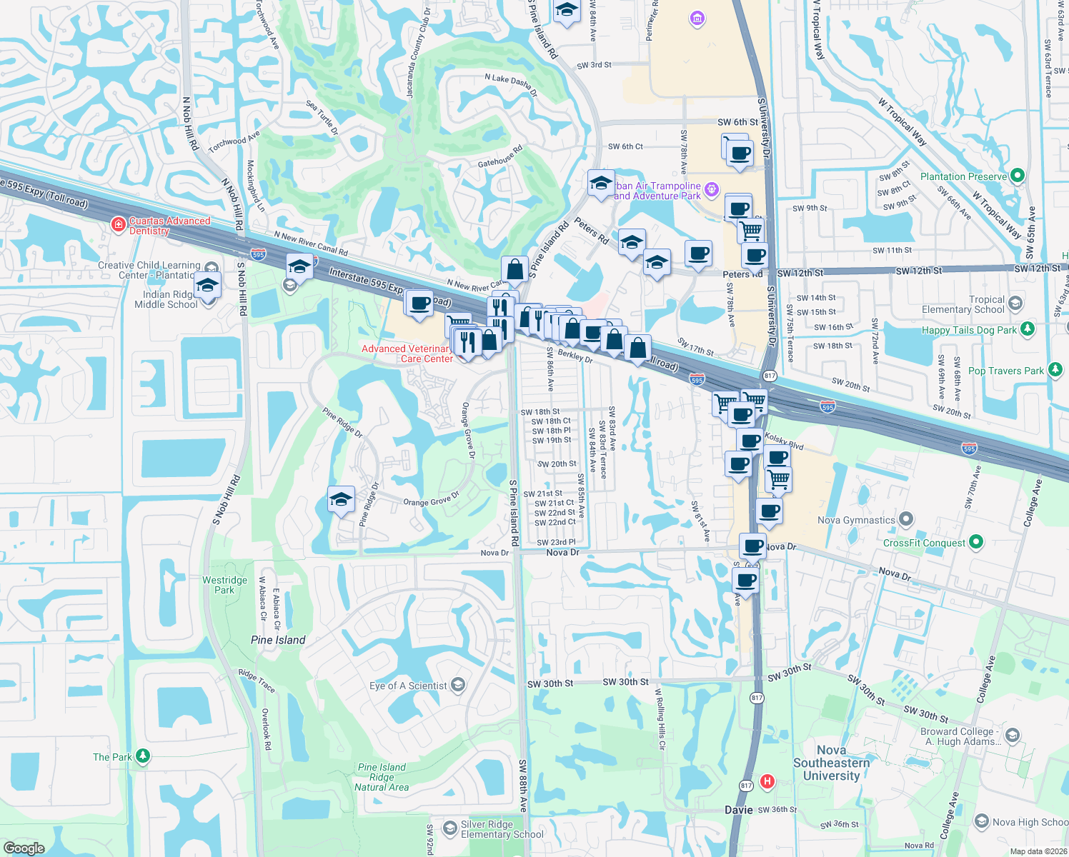 map of restaurants, bars, coffee shops, grocery stores, and more near 8661 Southwest 18th Place in Davie