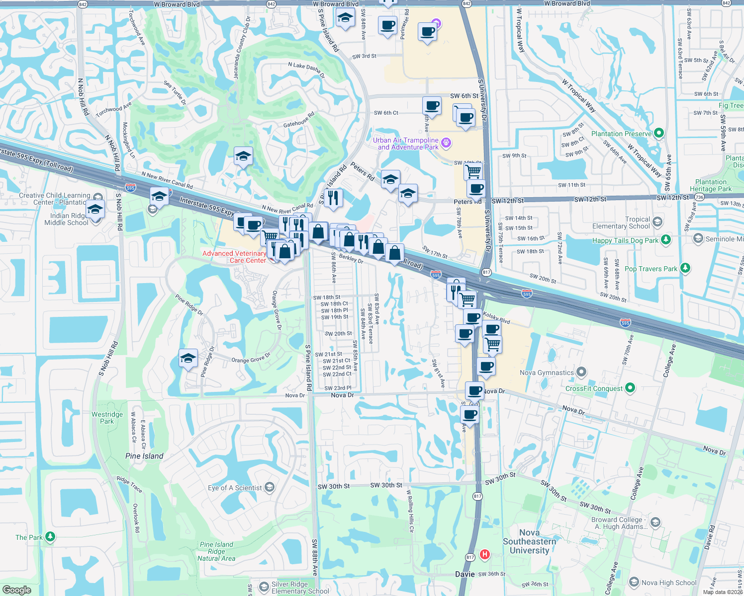 map of restaurants, bars, coffee shops, grocery stores, and more near 1800 Southwest 83rd Terrace in Davie